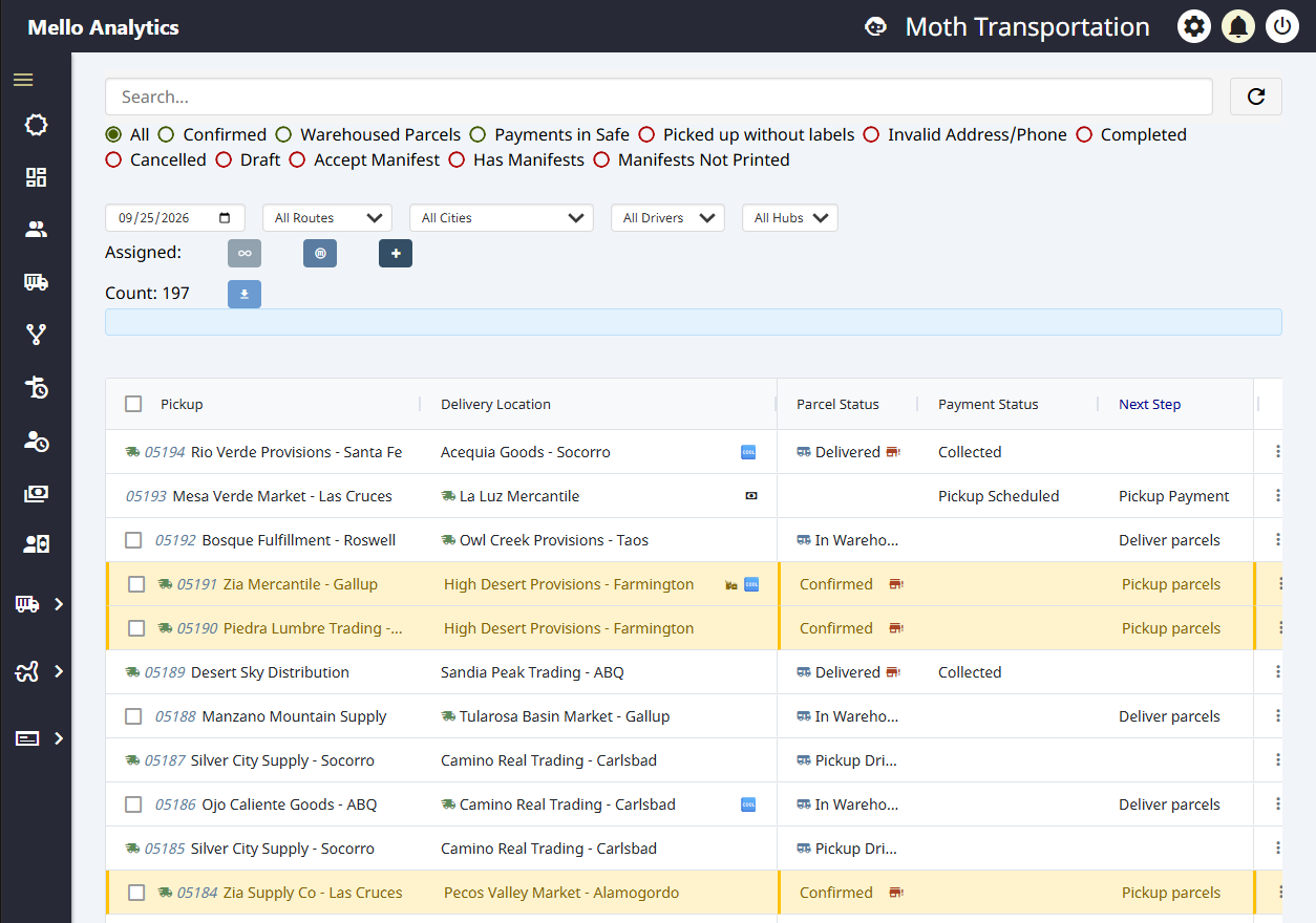 Moth Transportation dispatch board in the Mello platform: parcel, payment, and next-step status for the day's orders